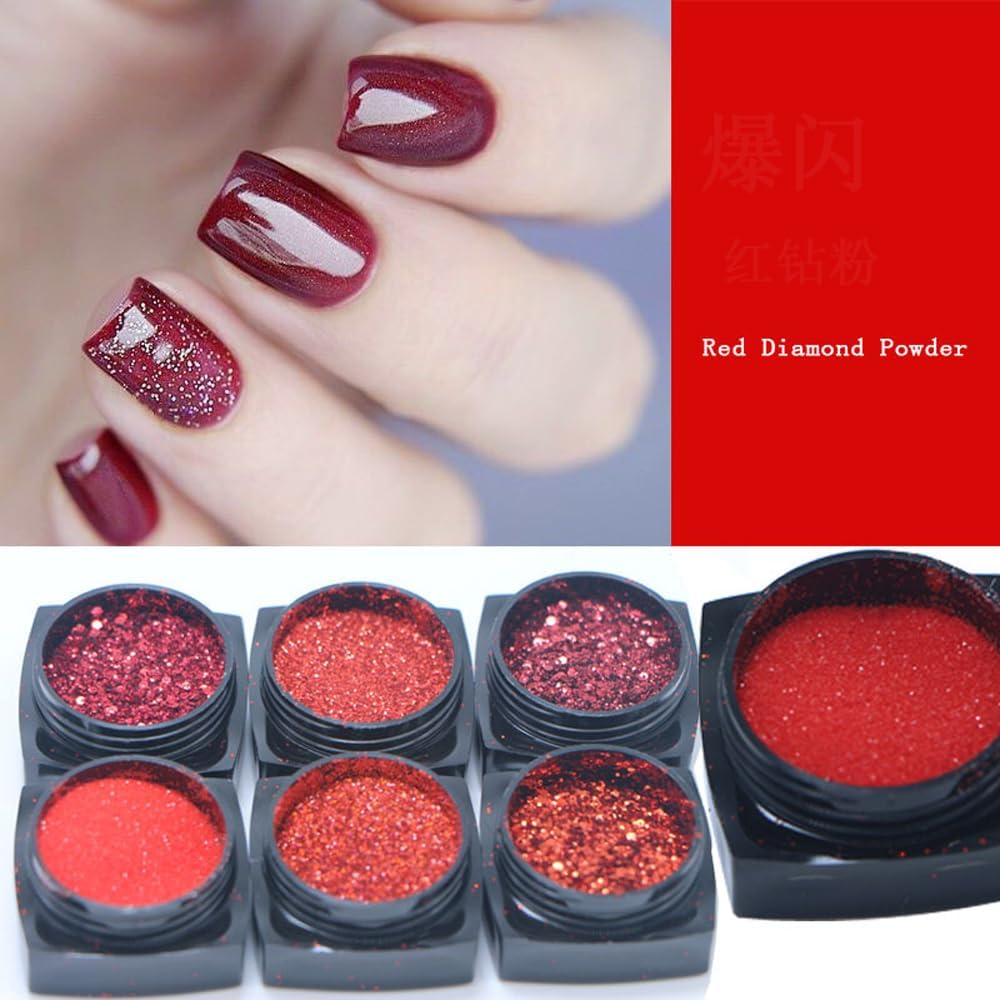 6 Boxes Red Nail Chrome Powder,Red Glitter