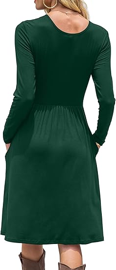 DB MOON Women Casual Long Sleeve Dresses Empire Waist Knee Length Loose Dress with Pockets