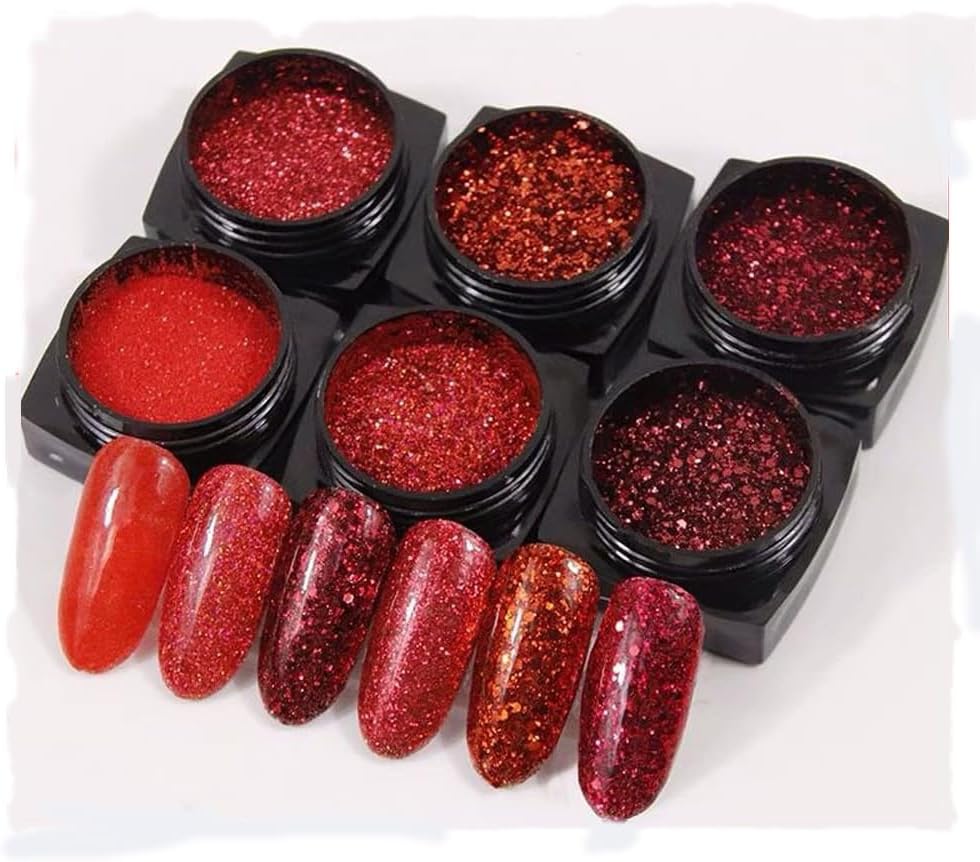 6 Boxes Red Nail Chrome Powder,Red Glitter