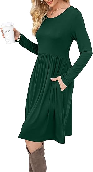 DB MOON Women Casual Long Sleeve Dresses Empire Waist Knee Length Loose Dress with Pockets