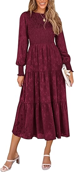 PRETTYGARDEN Women's Fall Midi Dress Long Sleeve Floral Smocked Elegant